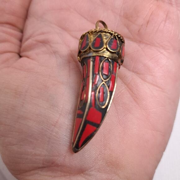 Tibetan Brass Red Coral Hand Inlayed Horn Tooth pendant 2 1/8" L x 3/4" - Picture 5 of 16
